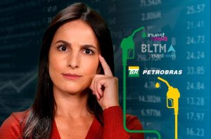 Mulher pensativa com logos InvestNews e Petrobras sobre fundo financeiro e bombas de combustível.