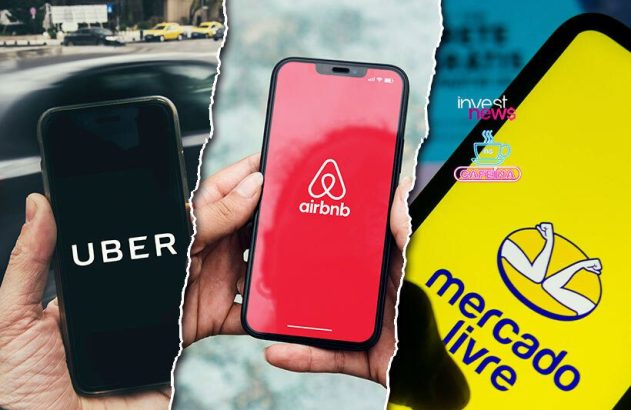 Três celulares exibindo os logos dos aplicativos Uber, Airbnb e Mercado Livre.