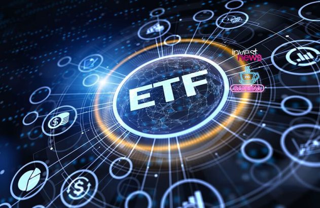 Foco em 'ETF' em uma esfera digital com rede de conexões e ícones financeiros. Logos 'invest news' e 'Cafena'.