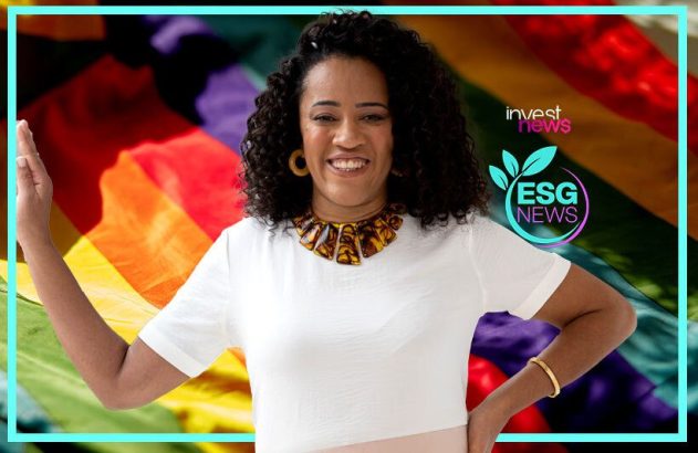 Mulher negra sorrindo, com colar, em fundo de bandeira arco-íris. Logos Invest News e ESG News visíveis.