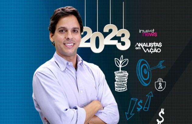 Analista sorrindo, com 2023 e ícones de investimento. Logos Invest News e Analistas em Ação.