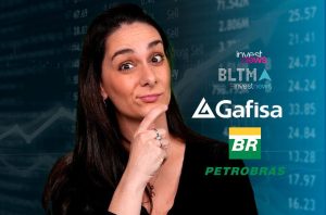 Mulher pensativa sobre investimentos, com logos de Investnews, Gafisa, BR e Petrobras e dados de ações.