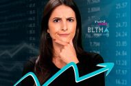 Mulher pensativa com mão no queixo, fundo de dados financeiros e seta de crescimento, logos "invest news" e "BLTMA".