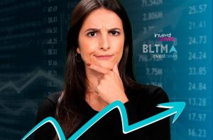 Mulher pensativa com mão no queixo, fundo de dados financeiros e seta de crescimento, logos "invest news" e "BLTMA".