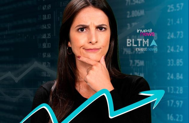 Mulher pensativa com mão no queixo, fundo de dados financeiros e seta de crescimento, logos "invest news" e "BLTMA".