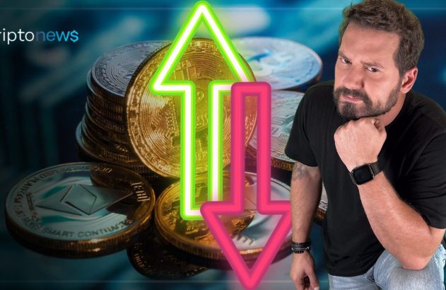 Homem pensativo sobre criptomoedas (Bitcoin, Ethereum) com setas neon de alta e baixa. Logo CriptoNews.