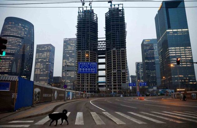 Um cachorro preto atravessa uma faixa de pedestres em uma rua urbana, ladeado por arranha-céus e obras de construção.
