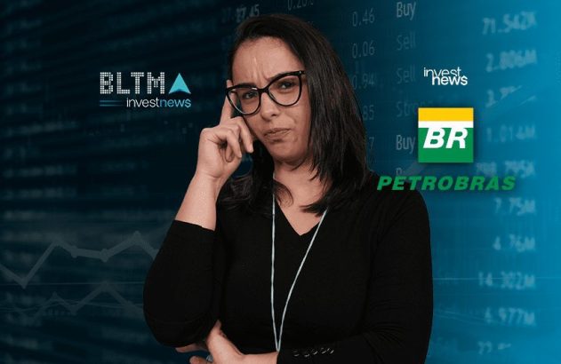 Mulher com óculos, pensativa, diante de gráficos financeiros e logotipos (BLTM, Investnews, BR, Petrobras).