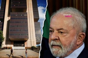 Imagem dividida: Banco Central do Brasil e Lula, olhando para o prédio. Notícia sobre política econômica.