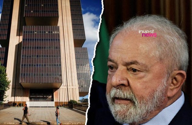 Imagem dividida: Banco Central do Brasil e Lula, olhando para o prédio. Notícia sobre política econômica.
