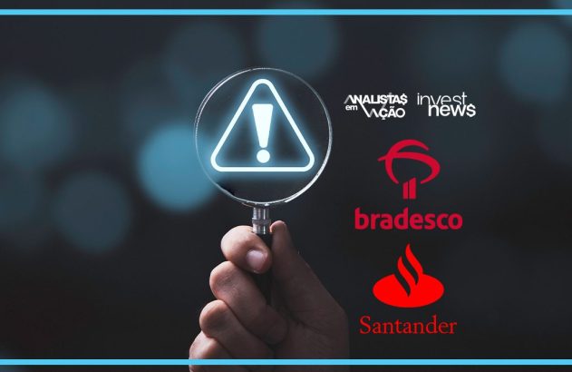 Mão segura lupa com sinal de alerta. Ao lado, logos: Analistas em Ação, Invest News, Bradesco e Santander.