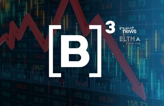 Símbolo da B3 (Bolsa de Valores do Brasil) sobre gráfico financeiro, com seta vermelha indicando queda.