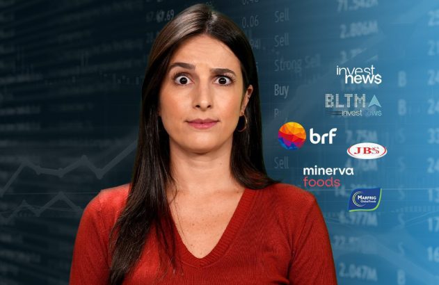 Mulher com expressão surpresa à frente de gráficos financeiros e logos de BRF, JBS, Minerva e Marfrig.