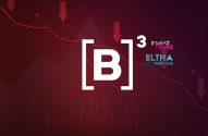 Logo [B]³ branco sobre fundo vermelho com gráficos e setas indicando queda no mercado. Logos investnews.