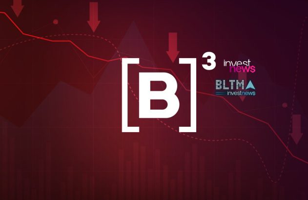 Logo [B]³ branco sobre fundo vermelho com gráficos e setas indicando queda no mercado. Logos investnews.