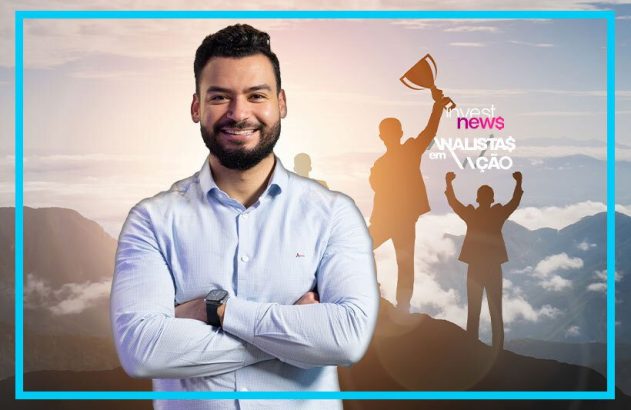 Homem sorridente, montanhas ao fundo com silhuetas celebrando. Texto: 'Invest news' e 'Analistas em Ação'.