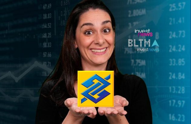 Mulher sorridente segura logo do Banco do Brasil. Fundo de dados financeiros e logo da Investnews.