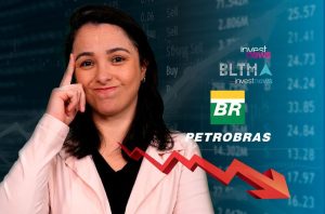 Mulher pensativa, com gráficos e logos Petrobras ao fundo. Uma seta vermelha grande indica queda de ações.
