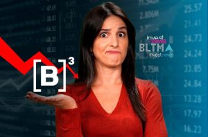 Mulher confusa com a queda da bolsa B3, simbolizada por seta vermelha para baixo e fundo financeiro.