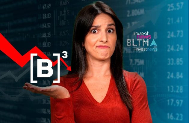 Mulher confusa com a queda da bolsa B3, simbolizada por seta vermelha para baixo e fundo financeiro.