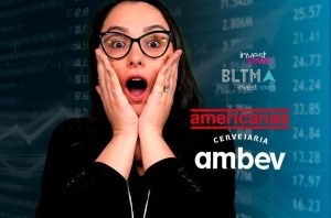 Mulher espantada reage a dados do mercado financeiro, com logos como Americanas e Ambev ao fundo.