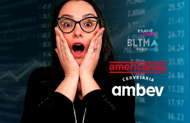 Mulher espantada reage a dados do mercado financeiro, com logos como Americanas e Ambev ao fundo.