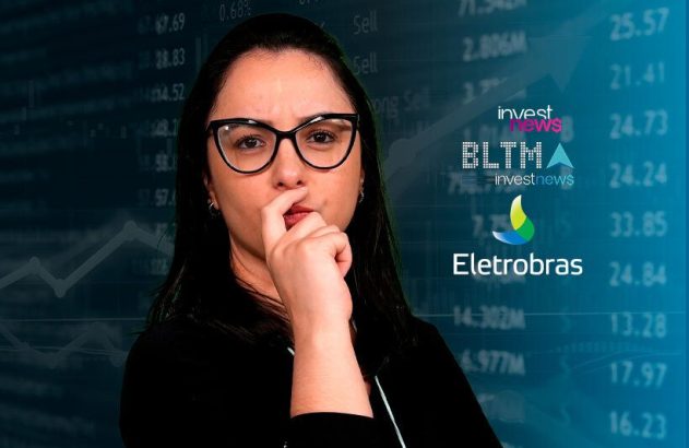 Mulher pensativa com óculos, olhando para gráficos financeiros e logos de Invest News, BLTMA e Eletrobras.