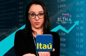 Mulher com óculos apresenta logo Itaú em fundo financeiro de alta.