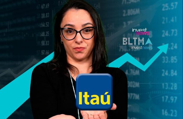 Mulher com óculos apresenta logo Itaú em fundo financeiro de alta.