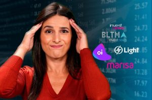 Mulher com mãos na cabeça, diante de dados e logos do mercado financeiro.