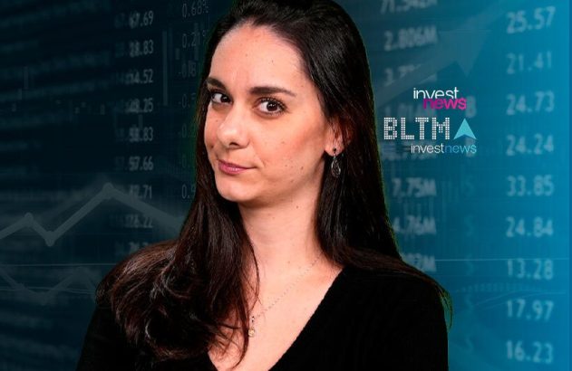 Mulher com cabelo escuro e olhar questionador, em frente a um painel digital com dados financeiros e o logo Investnews.