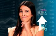 Mulher pensativa diante de dados financeiros e gráficos. Seta de alta e logo "investnews BLTMA".
