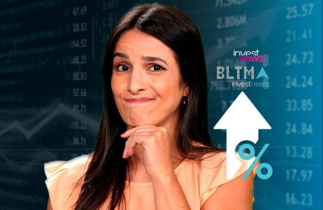 Mulher pensativa diante de dados financeiros e gráficos. Seta de alta e logo "investnews BLTMA".