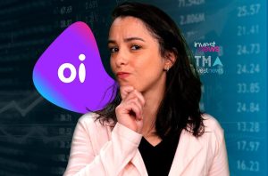 Mulher pensativa com mão no queixo, ao lado do logo "Oi" e gráficos financeiros, com logotipos "Investnews".