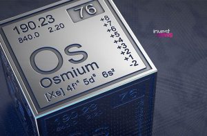 Cubo metálico com dados do elemento químico Ósmio (Os), número atômico 76 e massa 190.23.