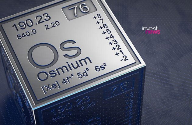 Cubo metálico com dados do elemento químico Ósmio (Os), número atômico 76 e massa 190.23.