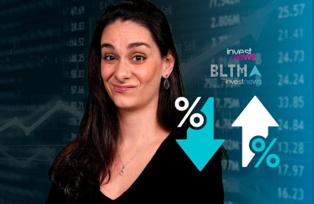 Mulher em destaque contra fundo financeiro com logos investnews e símbolos de % (para cima e para baixo).