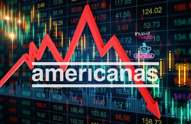 Gráfico financeiro com o nome 'americanas' e uma seta vermelha em forte queda.