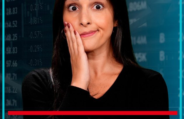 Mulher com olhos arregalados e mão no rosto, fundo de bolsa de valores. Texto em destaque: "americanas".