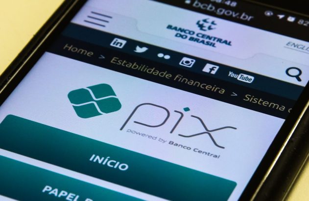 Smartphone exibindo o site do Banco Central do Brasil com o logo do Pix, seu sistema de pagamentos.