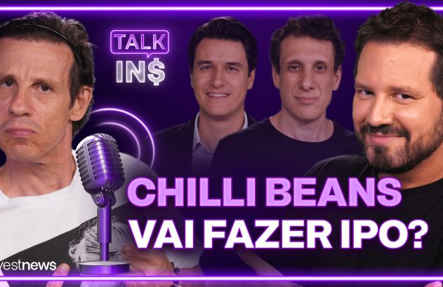 Quatro homens, microfone. Título "Chilli Beans vai fazer IPO?". Programa de finanças Investnews.