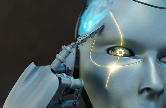 Androide, mão na têmpora. Luzes azuis na cabeça, circuitos amarelos brilhantes no rosto e olho.