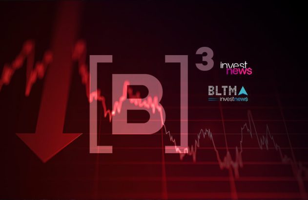 Imagem com o símbolo '[B]³' e um gráfico de bolsa em queda com seta vermelha descendente. Logos 'investnews' e 'BLTMA'.