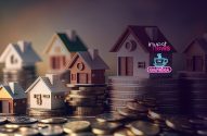 Miniaturas de casas sobre pilhas de moedas, com logotipos 'invest news' e 'CAFEINA' visíveis em uma.