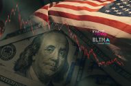 Dólar, bandeira dos EUA e gráfico financeiro. Simboliza a economia e o mercado americano.