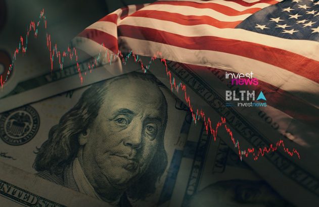Dólar, bandeira dos EUA e gráfico financeiro. Simboliza a economia e o mercado americano.