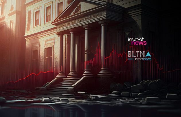 Edifício sombrio com colunas e gráfico vermelho de queda financeira. Escombros no chão e logos Invest News e BLTMA.
