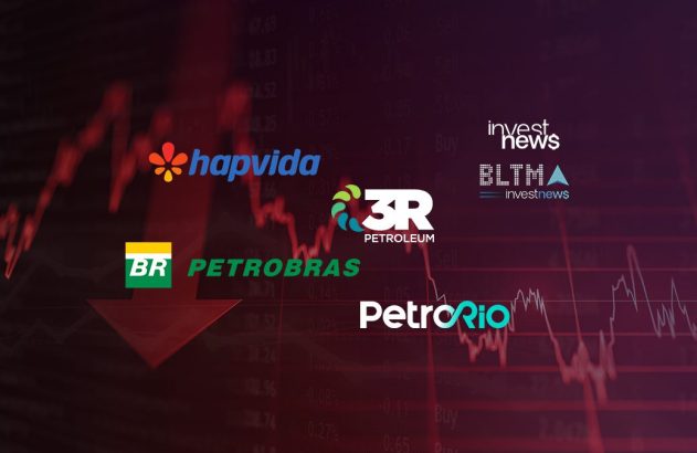 Logos de Petrobras, Hapvida, 3R Petroleum, PetroRio e Investnews sobre gráfico de ações em queda com seta vermelha.
