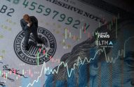 Minipessoa sobre nota de dólar com gráficos de finanças. Mercados e investimento em crescimento.
