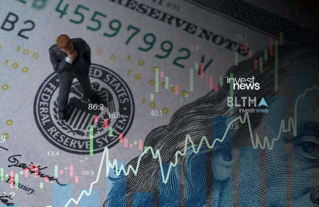 Boneco de empresário em nota de dólar com gráficos de ações e logos financeiros.